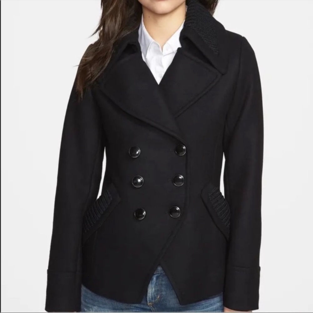 NEW Trina Turk Wool Double Breasted Pea Coat Black